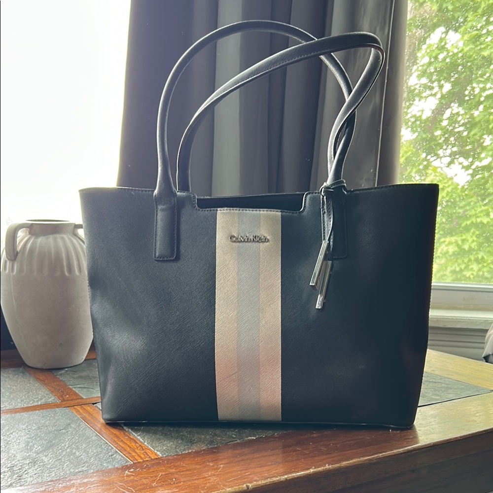 Calvin Klein Black and Cream Tote Bag with Sophisticated Design